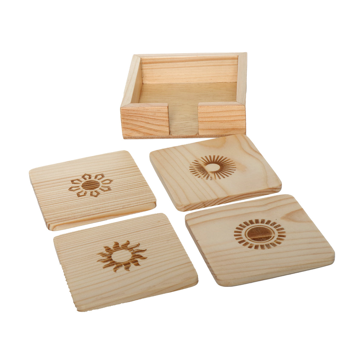 Wood Coaster Sun Motif Carving Set Of 4 With Stand | Tea & Table Coaster