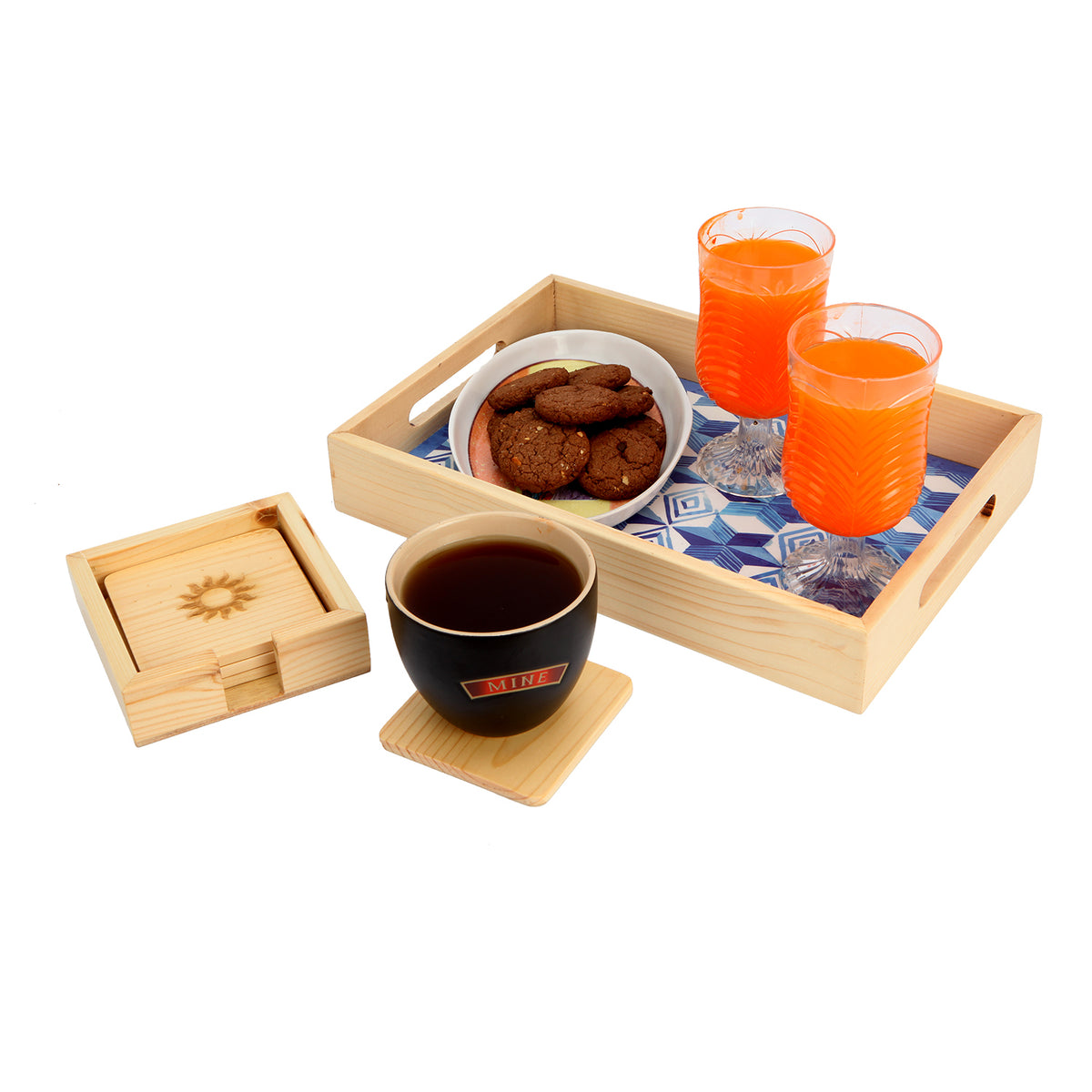 Wood Coaster Sun Motif Carving Set Of 4 With Stand | Tea & Table Coaster