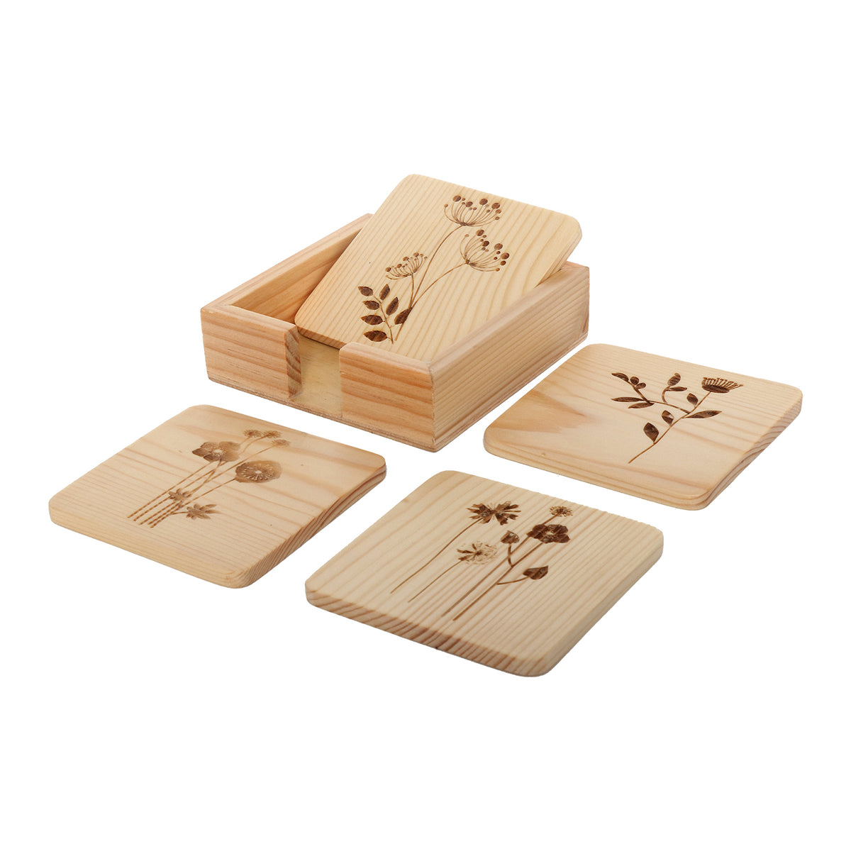 Wood Coaster Flower Motif Carving Set Of 4 With Stand | Tea & Table Coaster