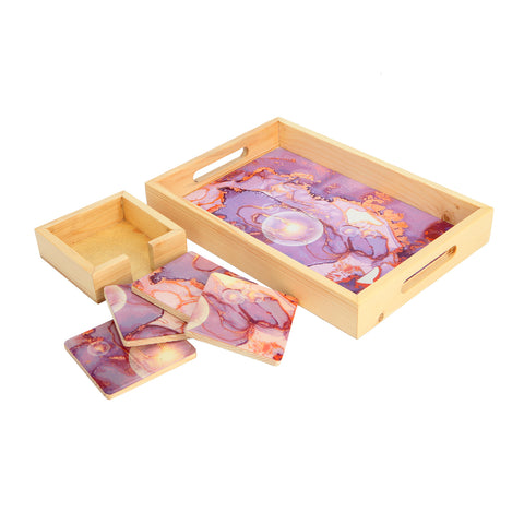 Wood Coaster Geode Print Resin Lamination Set Of 4 With Stand | Tea & Table Coaster