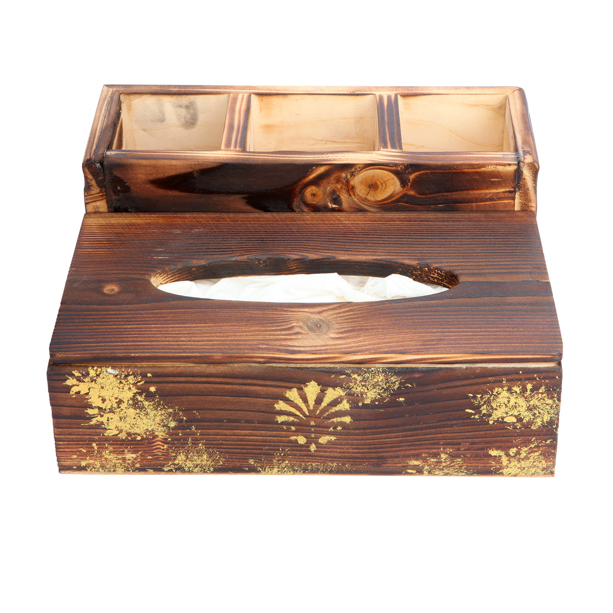 Rustic Wood Textured Multipurpose Tissue Holder With Gold Motif | Home / Office Organisers