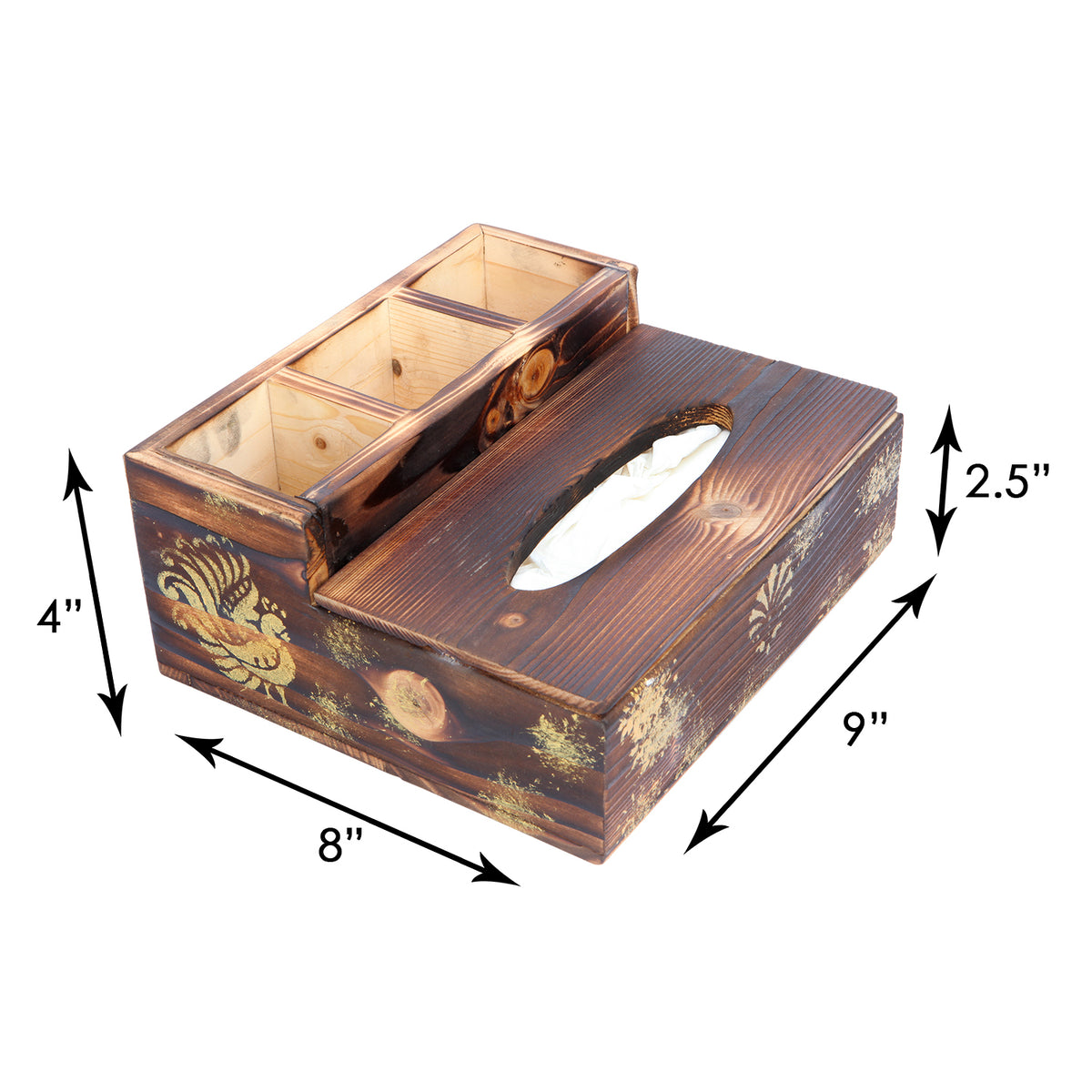 Rustic Wood Textured Multipurpose Tissue Holder With Gold Motif | Home / Office Organisers